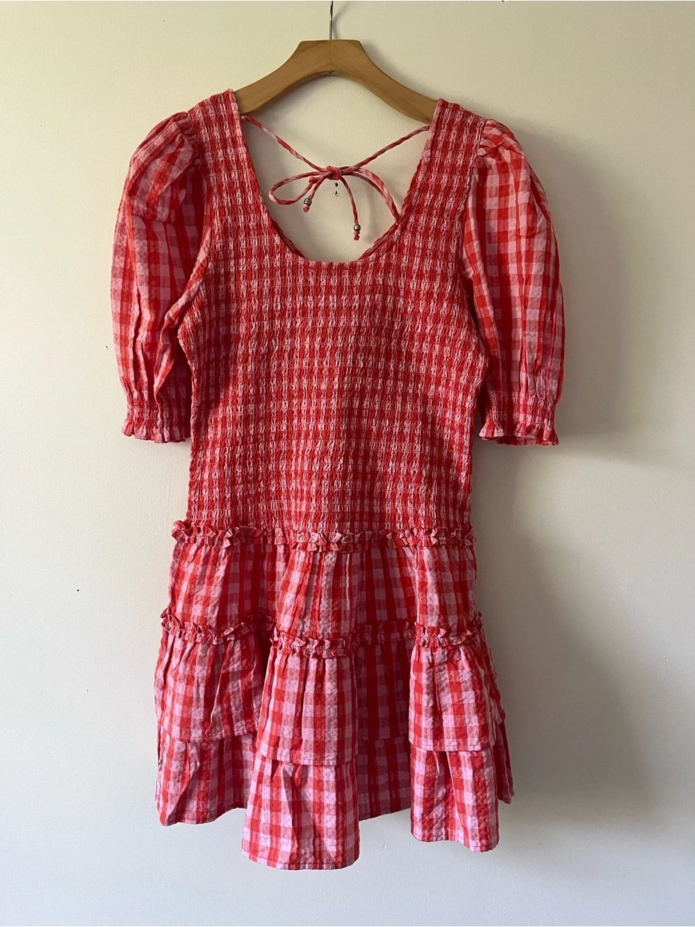 NWT Caroline Constas Red Gingham Tiered Mini Dress with Puff Sleeves Size Med - Picture 7 of 7